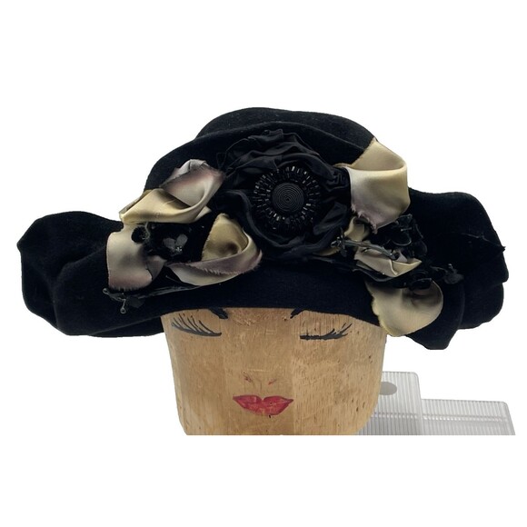 Louise Green Black Wide Brim Hat OS Black Felt with Ombre Ribbon & Bow Handmade main image 4
